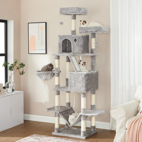 Árvore para gatos , torre grande para gatos de 206 cm com 13 postes de arranhar, 1 rampa para arranhar, 2 poleiros, 2 cavernas, cesta, rede, pompons, condomínio de pelúcia multinível para gatos internos, cinza claro - Image 3